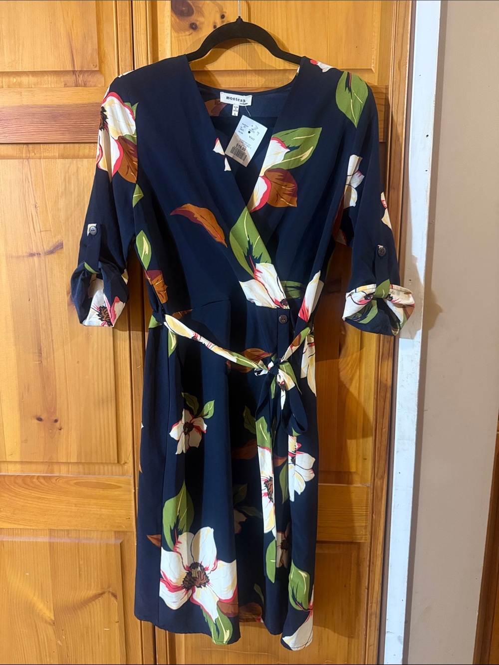 Monteau Navy Floral Tie-Waist Wrap Dress